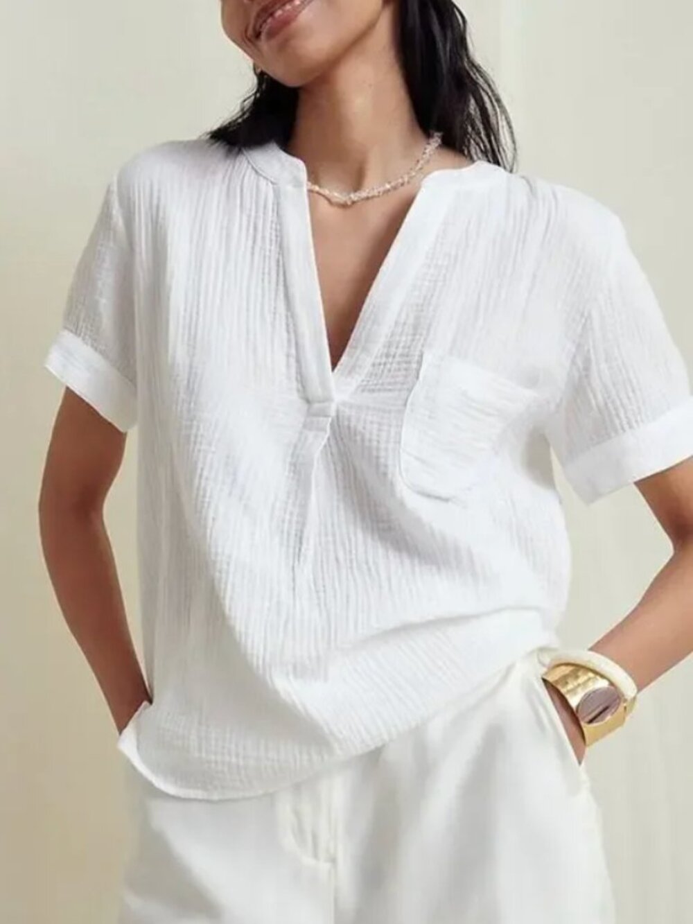 J.Crew White Double Gauze Popover Top Lightweight Cotton Blouse Size S